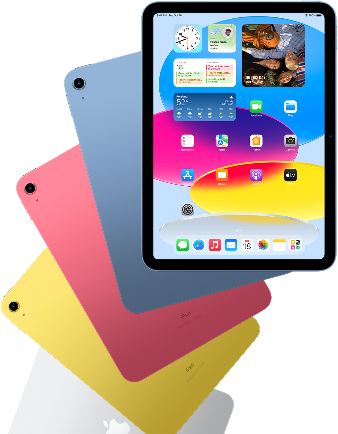 Vooraanzicht van een iPad met beginscherm, met daarachter een aantal iPads met een blauwe, roze, gele en zilverkleurige achterkant.