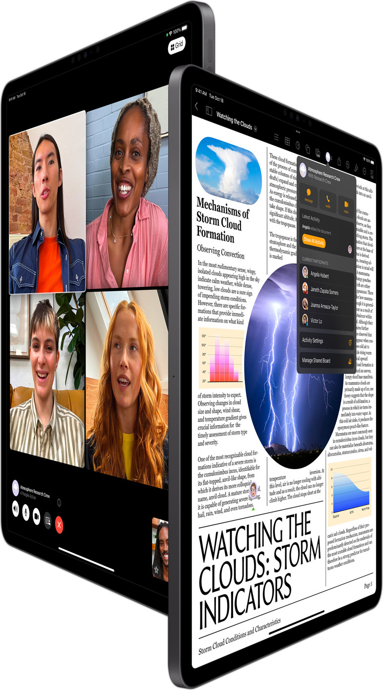 Groepsgesprek in FaceTime en samenwerking in Pages op twee iPad Pro-devices