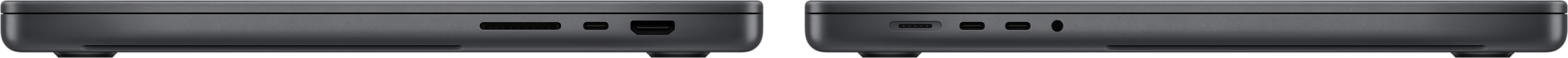 Zijaanzicht van MacBook Pro, waarop de SDXC-kaartsleuf, drie Thunderbolt 4-poorten, de HDMI-poort, de MagSafe 3-oplaadpoort en de mini-jack-aansluiting te zien zijn.