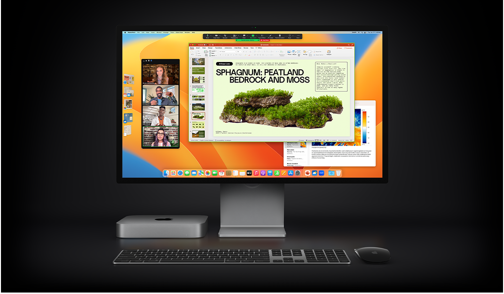 Mac mini met Magic Mouse, Magic Keyboard en Studio Display waarop een Microsoft PowerPoint-presentatie te zien is die wordt gedeeld in een Zoom-meeting, met de Notities-app op de achtergrond.