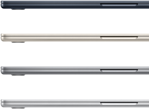 Vier MacBook Air-laptops in de verkrijgbare kleuren: middernacht, sterrenlicht, spacegrijs en zilver