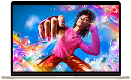 MacBook Air met op het scherm een kleurrijke afbeelding om het kleurbereik en de resolutie van het Liquid Retina-display te laten zien