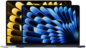 Vooraanzicht van een 13‑inch en 15‑inch MacBook Air om de twee schermformaten (diagonaal gemeten) te laten zien
