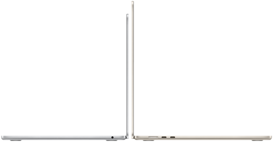 13‑inch en 15‑inch MacBook Air die opengeklapt rug-aan-rug staan opgesteld