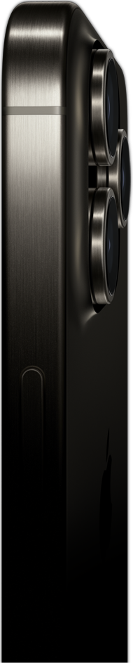 Zijaanzicht van titanium iPhone 15 Pro Max met de aan/uit-knop in beeld