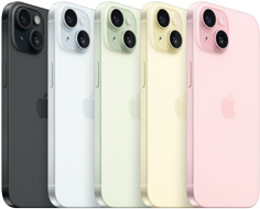 iPhone 15, achteraanzicht met het geavanceerde camerasysteem en doorkleurd glas in alle uitvoeringen: zwart, blauw, groen, geel, roze.