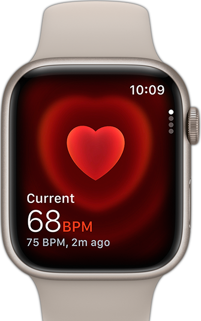 Vooraanzicht van een Apple Watch met hartslaginformatie.