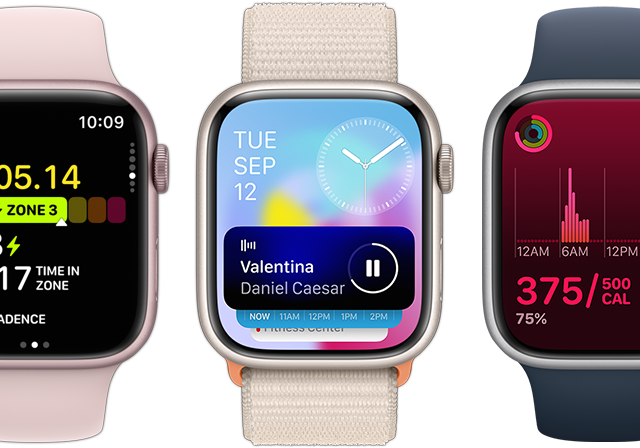 Een vooraanzicht van vijf exemplaren van Apple Watch, waaruit blijkt hoeveel extra informatie te zien is dankzij de update van Watch OS 10.