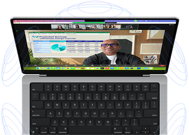 MacBook Pro, omgeven door illustraties van blauwe cirkels die het 3D-gevoel van ruimtelijke audio suggereren. Op het scherm is de presentator-overlay actief in een Zoom-vergadering, zodat de presentator voor de gepresenteerde content wordt weergegeven