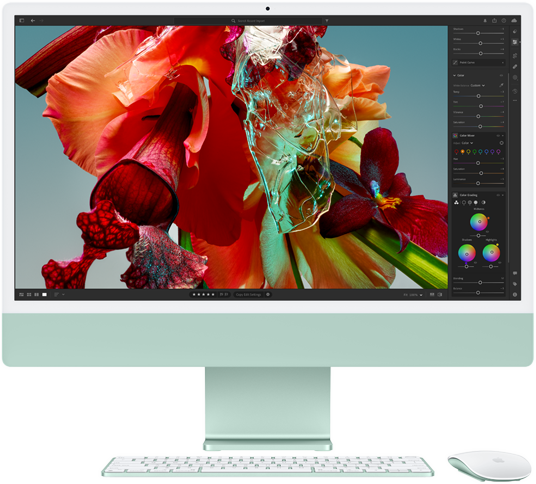 iMac met op het scherm een kleurrijke bloem in Adobe Lightroom om het kleurbereik en de resolutie van het 4,5K Retina-display te demonstreren.