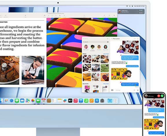 Afbeelding van een iMac met een iPhone ernaast. Op beide staat hetzelfde Berichten-gesprek met foto’s om de Continuïteit-feature te demonstreren.