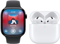 Apple Watch Series 11, titanium slate case, strap: black sport band, Apple Music app open, paired with AirPods 4