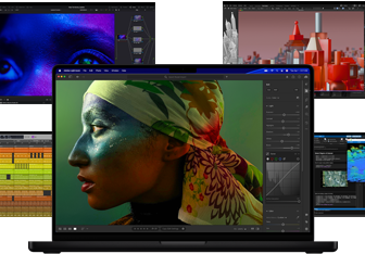 Kleurrijke schermcontent van apps voor muziekproductie, videobewerking, 3D-animatie en fotobewerking op Mac, ter demonstratie van de krachtige graphics