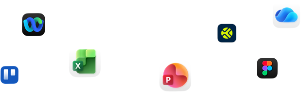 A variety of app icons in a scattered array including Webex, Microsoft Excel, Figma, and more