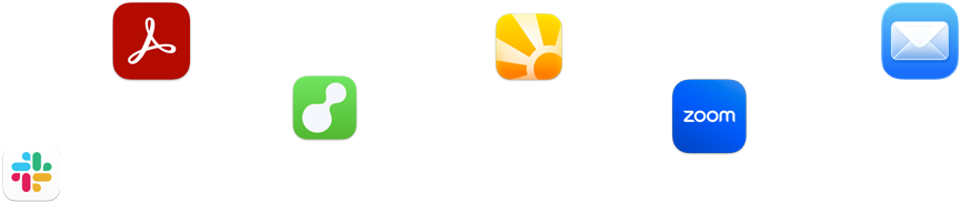 A variety of app icons in a scattered array including Slack, Zoom, Mail, and more