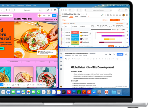 MacBook Air, screen shows Figma, Zoho, and Quip open in three separate windows, to demonstrate multitasking