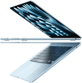 Two open MacBook Air laptops in sky blue color forming arrow shape, emphasizing narrow profile