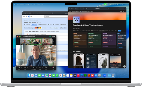 MacBook Air, screen shows Notion, Jira, and Zoom open in three separate windows, to show that macOS enables running multiple apps smoothly