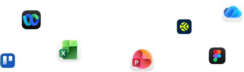 Symbolen van verschillende apps, waaronder Webex, Microsoft Excel en Figma, zijn verspreid over het scherm te zien