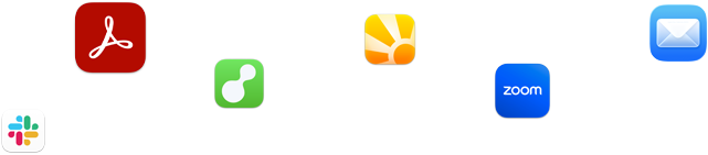 Symbolen van verschillende apps, waaronder Slack, Zoom en Mail, zijn verspreid over het scherm te zien