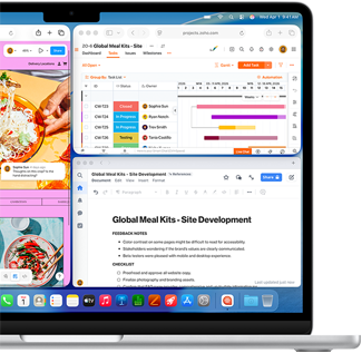 MacBook Air met op het scherm Figma, Zoho en Quip in drie aparte vensters geopend om de multitasking-mogelijkheden te laten zien