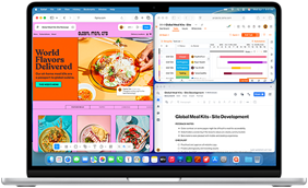 MacBook Air met op het scherm Figma, Zoho en Quip in drie aparte vensters geopend om de multitasking-mogelijkheden te laten zien