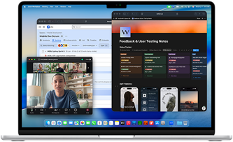 MacBook Air met op het scherm Notion, Jira en Zoom in drie aparte vensters geopend om te laten zien dat je in macOS moeiteloos in meerdere apps tegelijk kunt werken