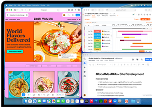 MacBook Air met op het scherm Figma, Zoho en Quip in drie aparte vensters geopend om de multitasking-mogelijkheden te laten zien