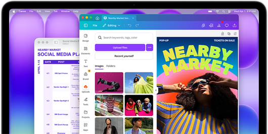 MacBook Neo display, showing a colorful social media plan on Preview and a vibrant flyer for a local market being designed on Canva, both look stunning on this brilliant display