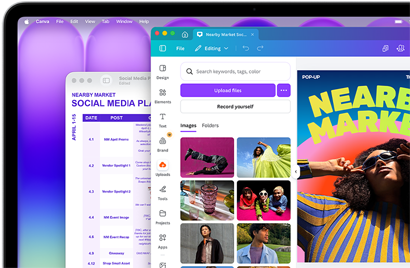 MacBook Neo display, showing a colorful social media plan on Preview and a vibrant flyer for a local market being designed on Canva, both look stunning on this brilliant display