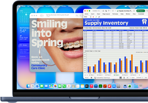 MacBook Neo screen, highlighting how macOS keeps your software current with automatic updates, an ad for an orthodonist is displayed on Preview and a Q3 cost analysis on Excel