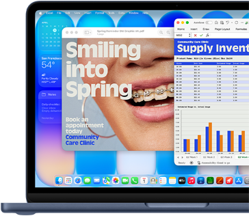 MacBook Neo screen, highlighting how macOS keeps your software current with automatic updates, an ad for an orthodonist is displayed on Preview and a Q3 cost analysis on Excel
