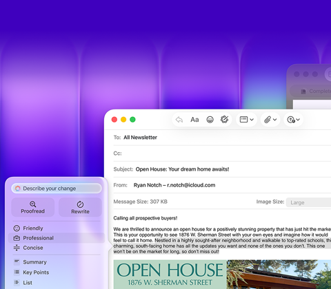 MacBook Neo met op het scherm de Apple Intelligence-feature Schrijfhulp in Mail om een e-mail met een uitnodiging voor een open dag op te stellen