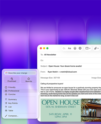 MacBook Neo met op het scherm de Apple Intelligence-feature Schrijfhulp in Mail om een e-mail met een uitnodiging voor een open dag op te stellen