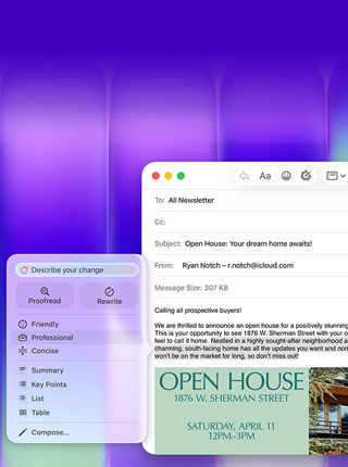 MacBook Neo met op het scherm de Apple Intelligence-feature Schrijfhulp in Mail om een e-mail met een uitnodiging voor een open dag op te stellen