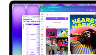 MacBook Neo-display met een kleurrijke social media-campagne in Voorvertoning en een vrolijke flyer voor een markt in Canva, beide zien er schitterend uit op dit briljante display