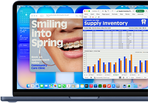 MacBook Neo-scherm om onder de aandacht te brengen dat macOS je software up-to-date houdt met automatische updates, met in beeld een advertentie voor een orthodontist in Voorvertoning en een kostenanalyse voor het derde kwartaal in Excel