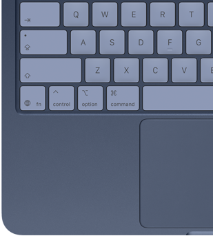 Bovenaanzicht van MacBook Neo, kleur Indigo. Te zien zijn toetsen in dezelfde kleur en de Multi‑Touch-trackpad