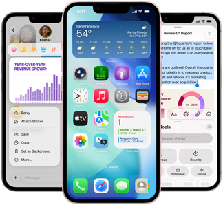 Een paar iPhone 17e-devices naast elkaar met een foto van een grafiek in de Berichten-app, het beginscherm met de Weer-widget en apps, en de Notities-app met de Apple Intelligence-feature Schrijfhulp