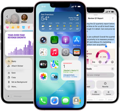 Een paar iPhone 17e-devices naast elkaar met een foto van een grafiek in de Berichten-app, het beginscherm met de Weer-widget en apps, en de Notities-app met de Apple Intelligence-feature Schrijfhulp