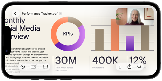 iPhone 17e in horizontale stand met een FaceTime-gesprek om een presentatie door te nemen in Voorvertoning