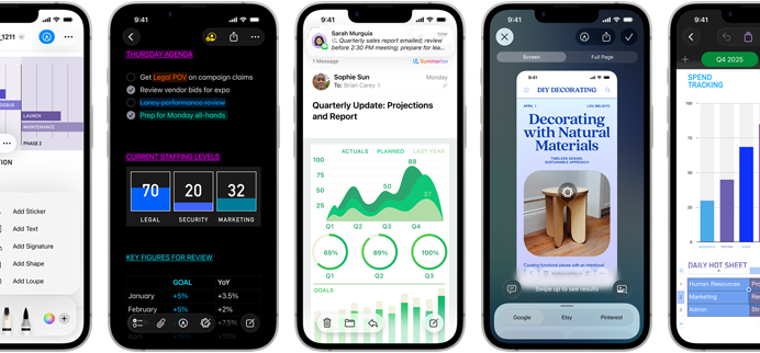 A few side-by-side iPhone 17e devices in portrait orientation showcasing performance with different graphs, charts and productivity business apps like Preview, Notes, Mail, Visual Intelligence and Numbers