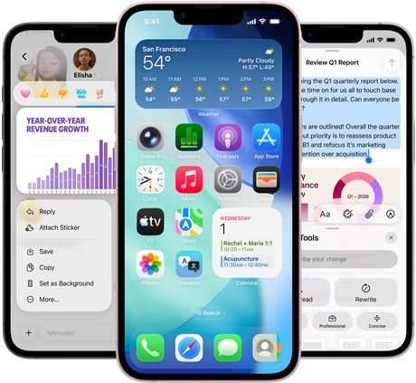 Few side-by-side iPhone 17e devices showing a photo of a graph in the Messages app, home screen with the Weather widget and apps displayed, and Notes app with Apple Intelligence Writing Tools in use