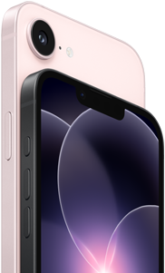iPhone 17e, horizontal side and back exterior, soft pink color, iPhone 17e, horizontal side and front exterior, black color
