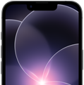 Partial view of black iPhone 17e in portrait orientation, highlighting durable display with a wallpaper image of a purple flower in Liquid Glass design