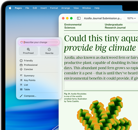 De Apple Intelligence-feature Schrijfhulp die wordt gebruikt om een artikel over milieuwetenschappen in Pages te controleren, met de optie voor proeflezen of herschrijven in een andere toon