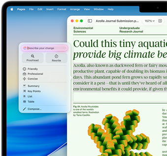 De Apple Intelligence-feature Schrijfhulp die wordt gebruikt om een artikel over milieuwetenschappen in Pages te controleren, met de optie voor proeflezen of herschrijven in een andere toon