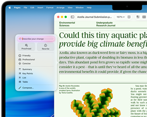 De Apple Intelligence-feature Schrijfhulp die wordt gebruikt om een artikel over milieuwetenschappen in Pages te controleren, met de optie voor proeflezen of herschrijven in een andere toon