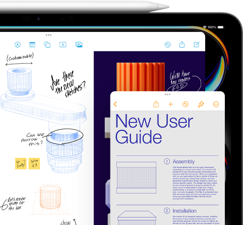 iPad met Freeform-venster met schetsen van mechanische productonderdelen en een kleiner Notities-venster met instructies, waarbij op de iPad een Apple Pencil ligt