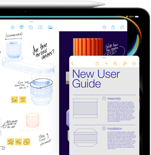 iPad met Freeform-venster met schetsen van mechanische productonderdelen en een kleiner Notities-venster met instructies, waarbij op de iPad een Apple Pencil ligt